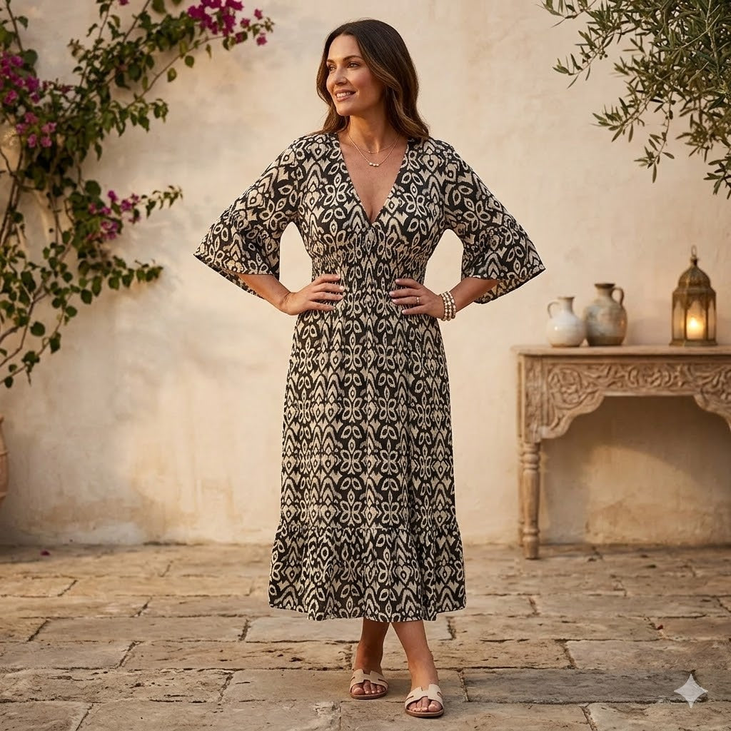 Abiti Estivi - Elegante Abito Lungo Estivo Fluido Stampato con Scollo a V