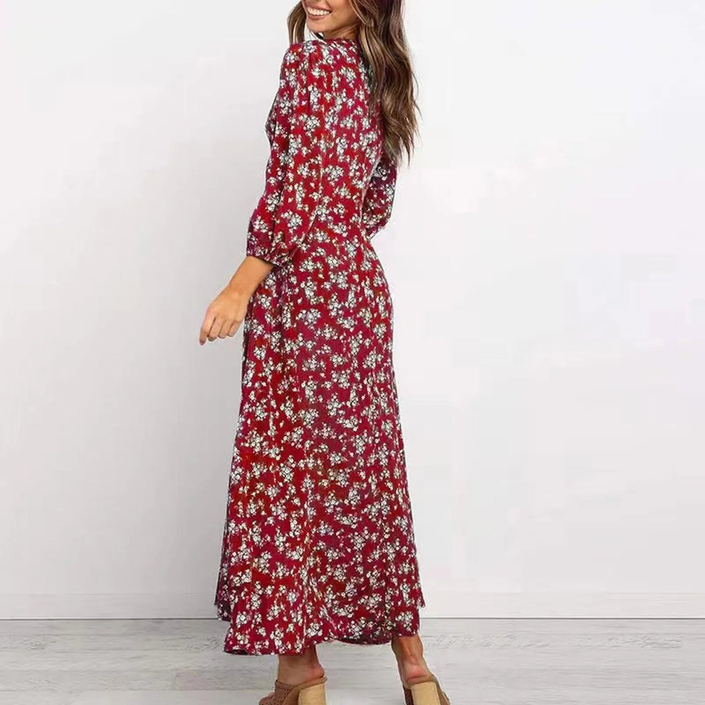 Abito lungo maxi da donna a fiori a maniche lunghe