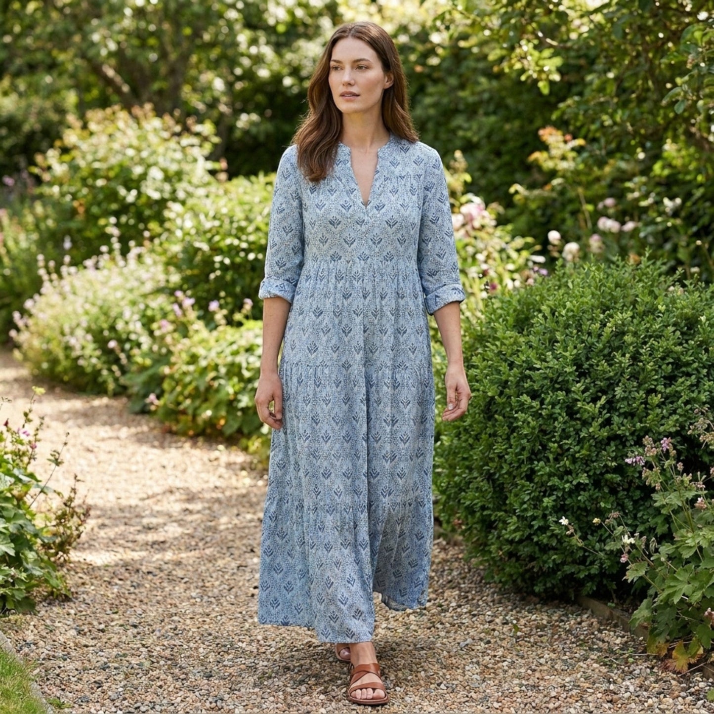 Abito Maxi da Donna con Scollo a V, Vestibilità Morbida e Motivo Vintage