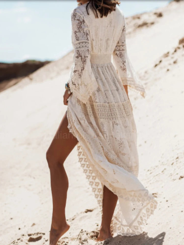 Abito maxi da donna in pizzo con scollo a V