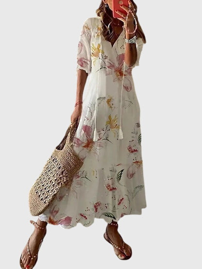 Abito maxi da donna stampato con scollo a V