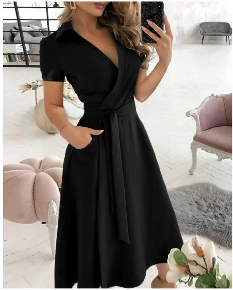 Abito midi da donna a linea ad A con cintura da annodare