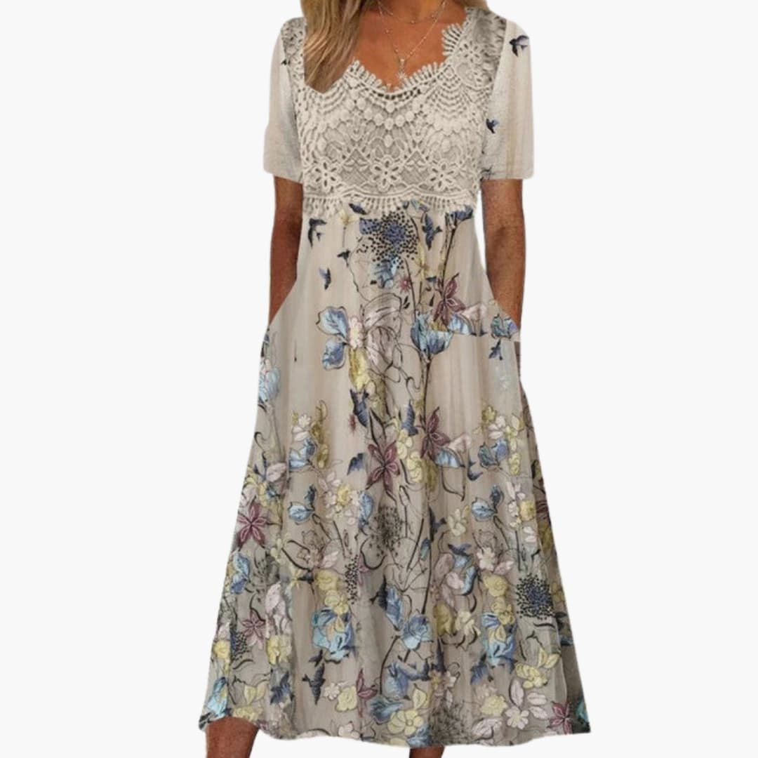 Abito midi da donna con scollo a V e dettagli in pizzo