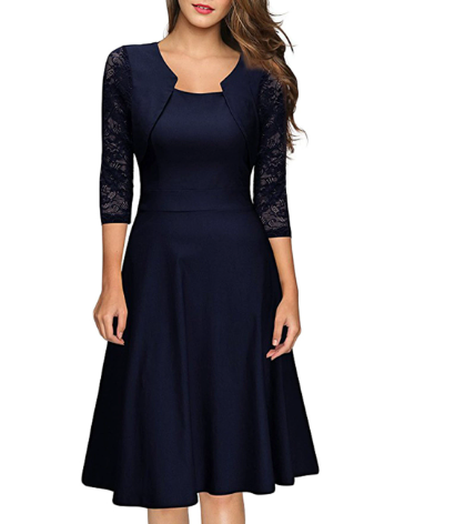 Abito Midi da Donna Linea ad A con Pizzo e Maniche a 3/4