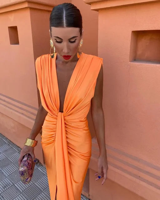 Abito Midi da Donna Senza Maniche con Scollo a V