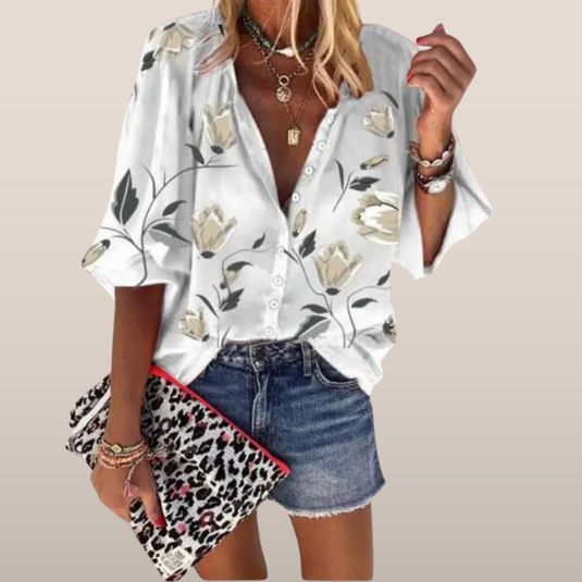 Blusa da donna a fiori con maniche lunghe e chiusura a bottoni