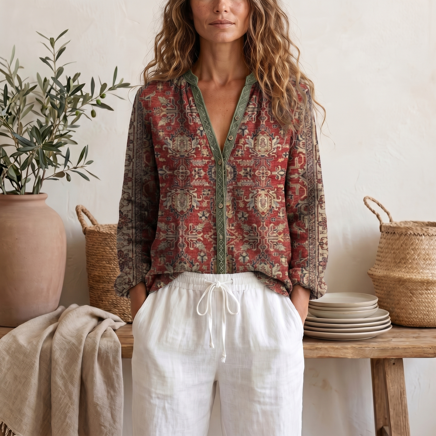 Blusa estiva da donna a maniche lunghe con stampa botanica e vestibilità morbida