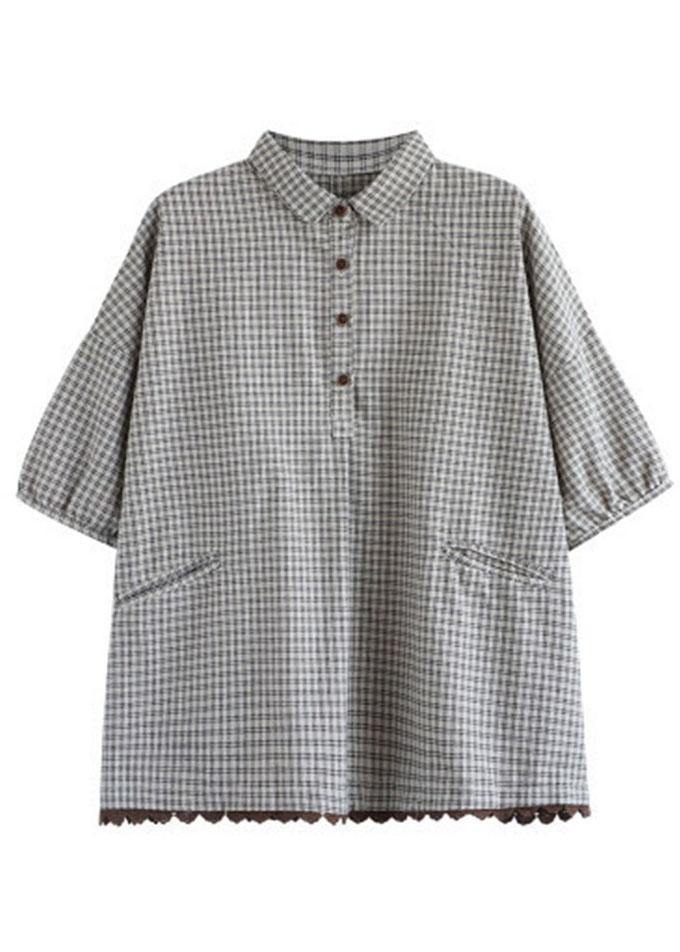 Camicia da donna morbida in cotone e lino a quadri con pizzo