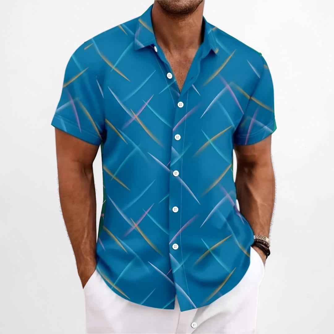 Camicia da uomo a maniche corte con motivo geometrico e patta con bottoni
