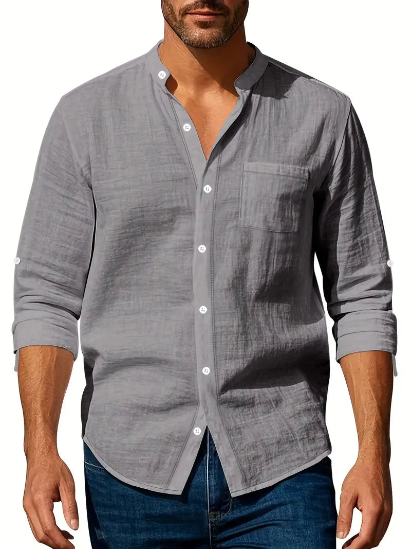 Camicia da Uomo a Maniche Lunghe con Collo alla Coreana