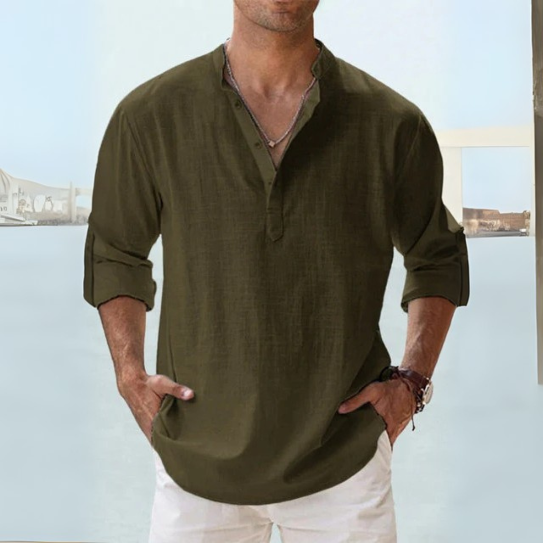 Camicia in lino traspirante con colletto alla coreana con spacco