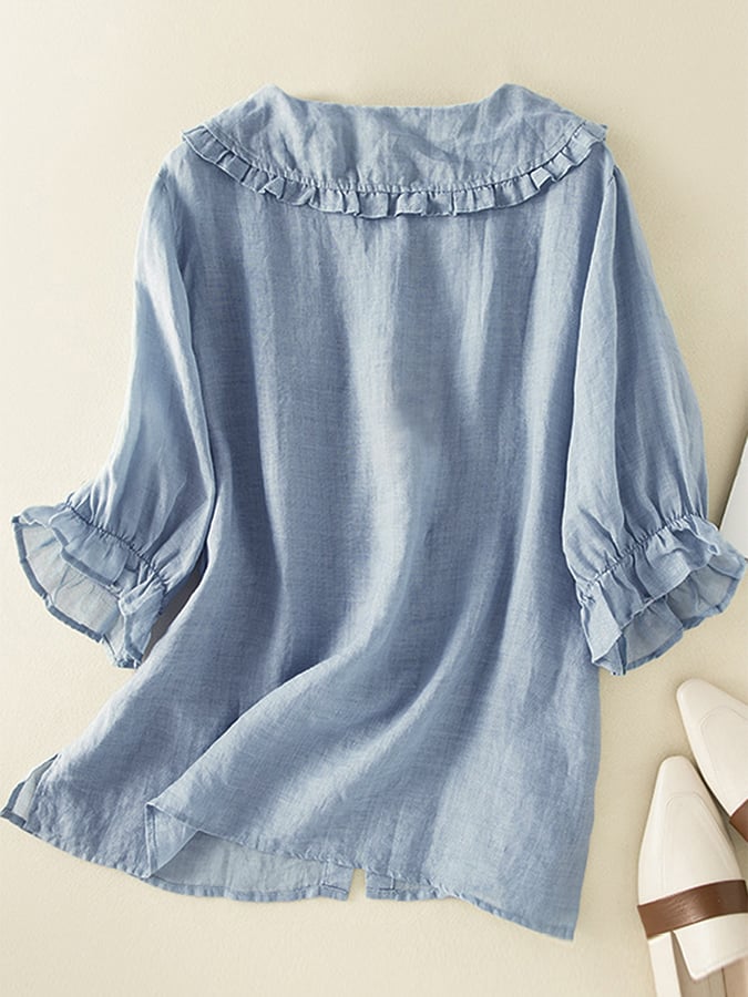 Camicia morbida da donna in cotone elegante con scollo a volant