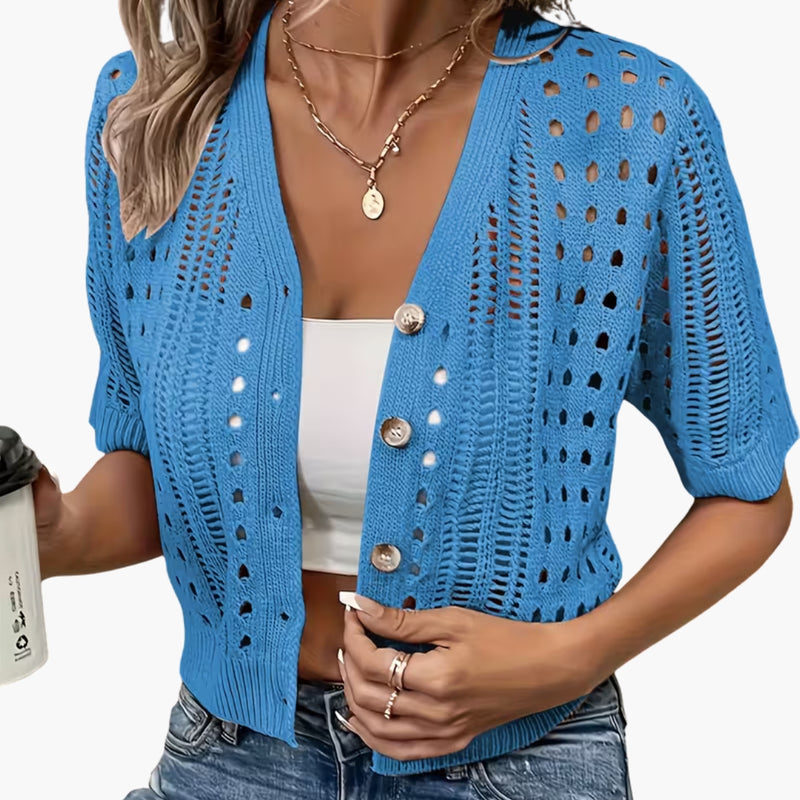 Cardigan da donna lavorato a traforo a maniche corte