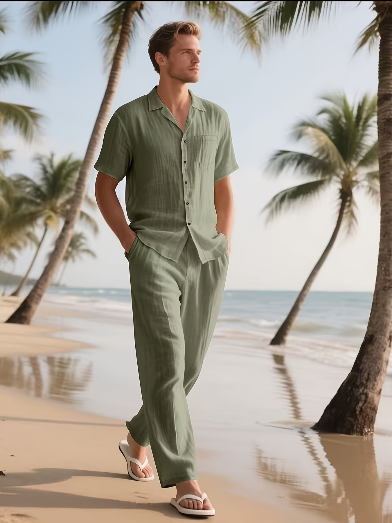 Completo Casual in Lino da Uomo – Comodo e Traspirante con Pantaloni Lunghi e Maniche Corte