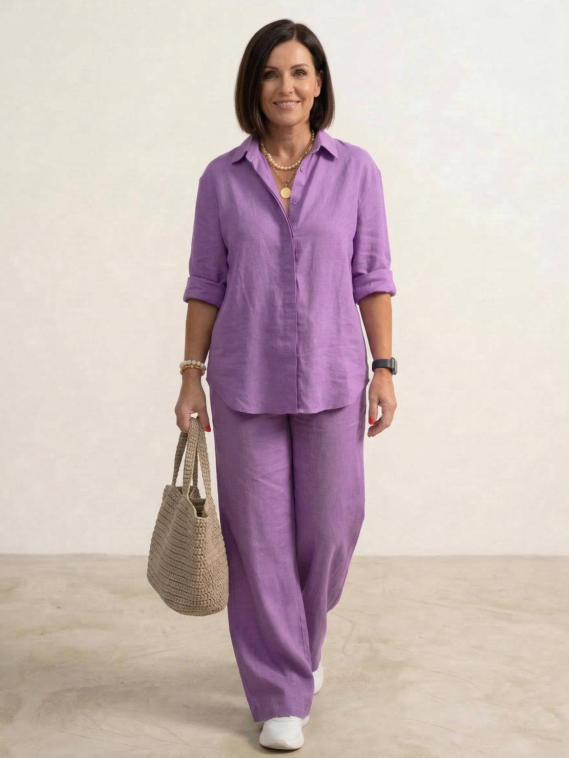 Completo coordinato da donna con camicia oversized e pantaloni a gamba larga – Set casual da due pezzi in misto cotone