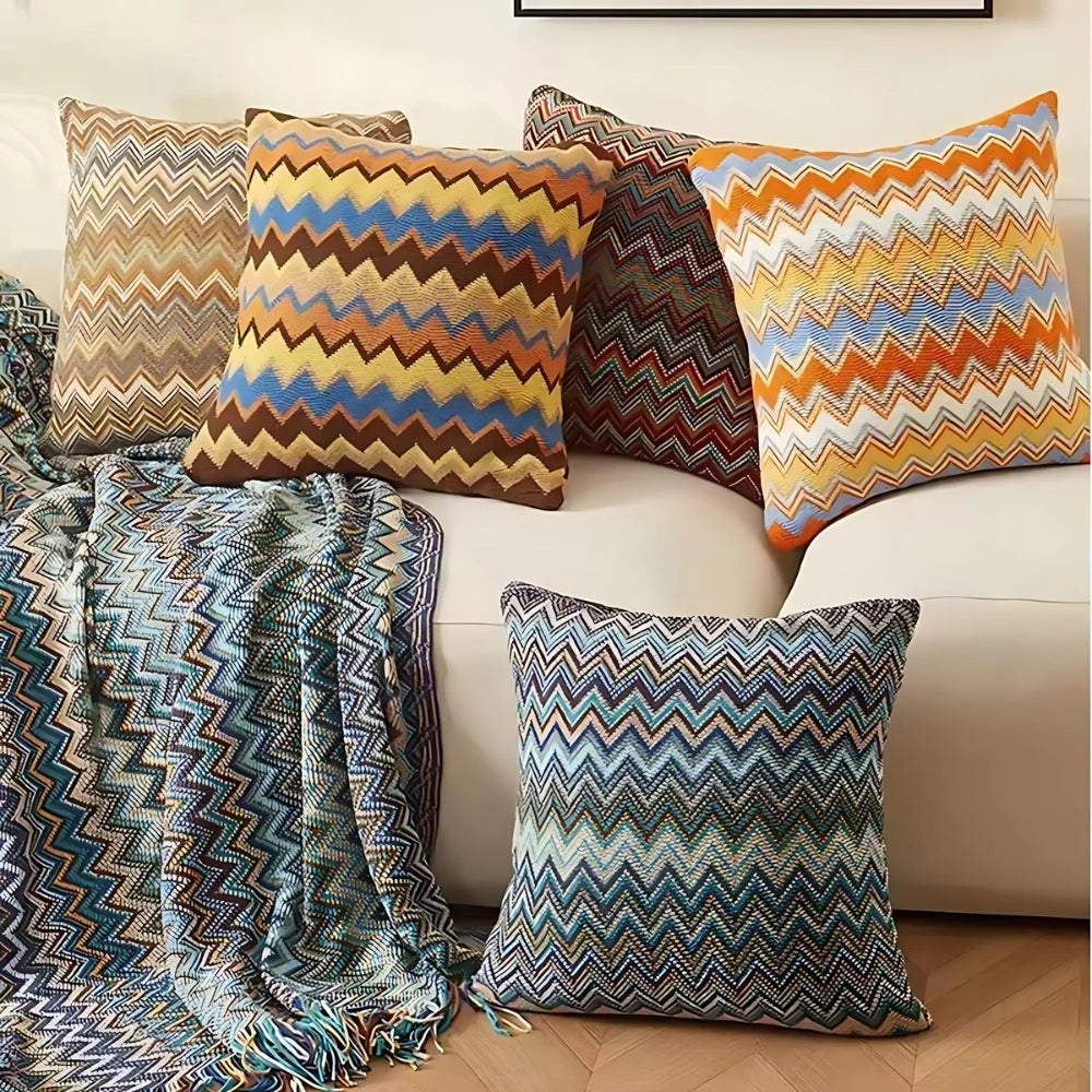 Copricuscino lavorato a maglia in stile boho con motivo a zig-zag