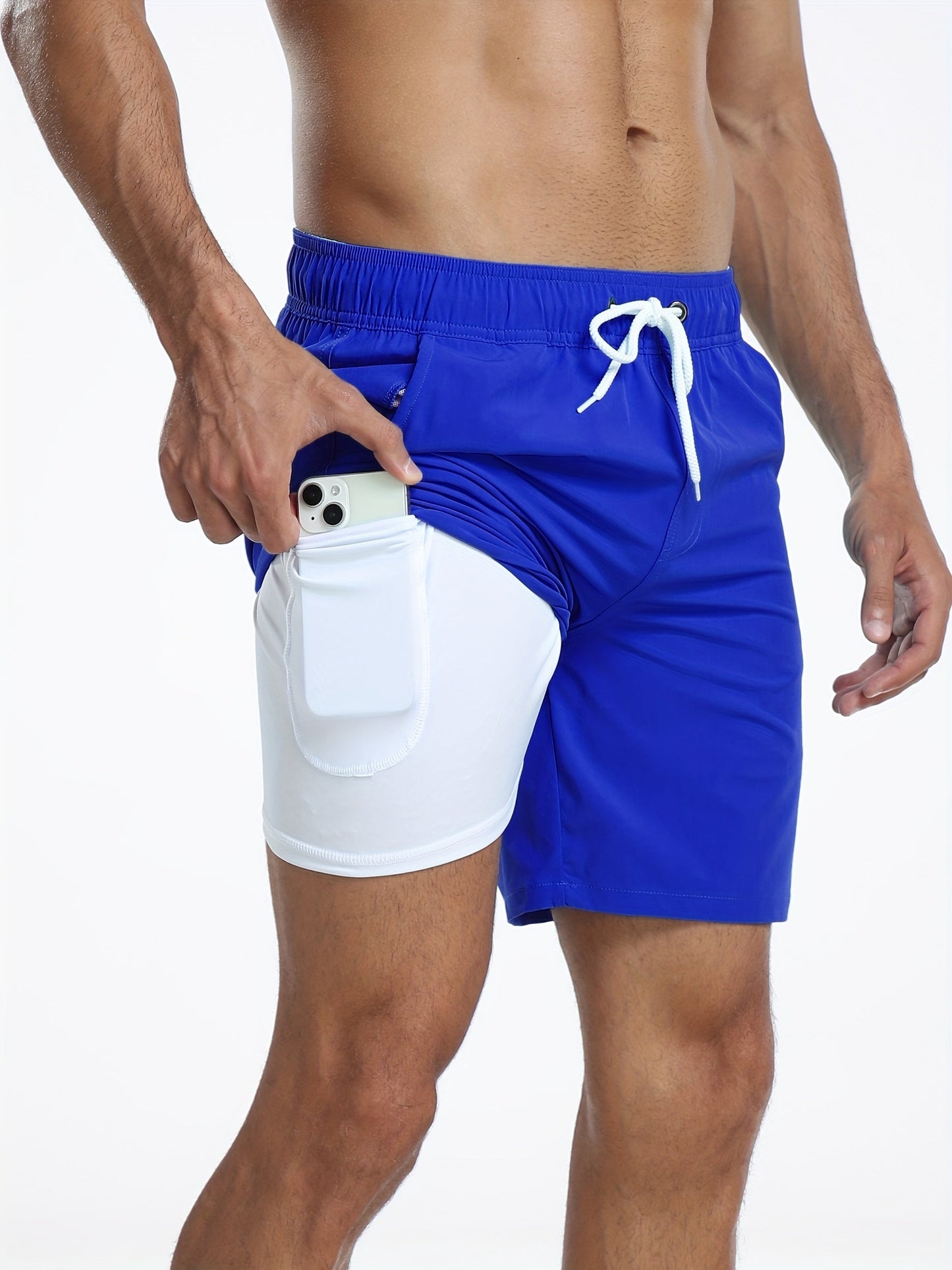 Costume da bagno da uomo elasticizzato ad asciugatura rapida con tasca per telefono
