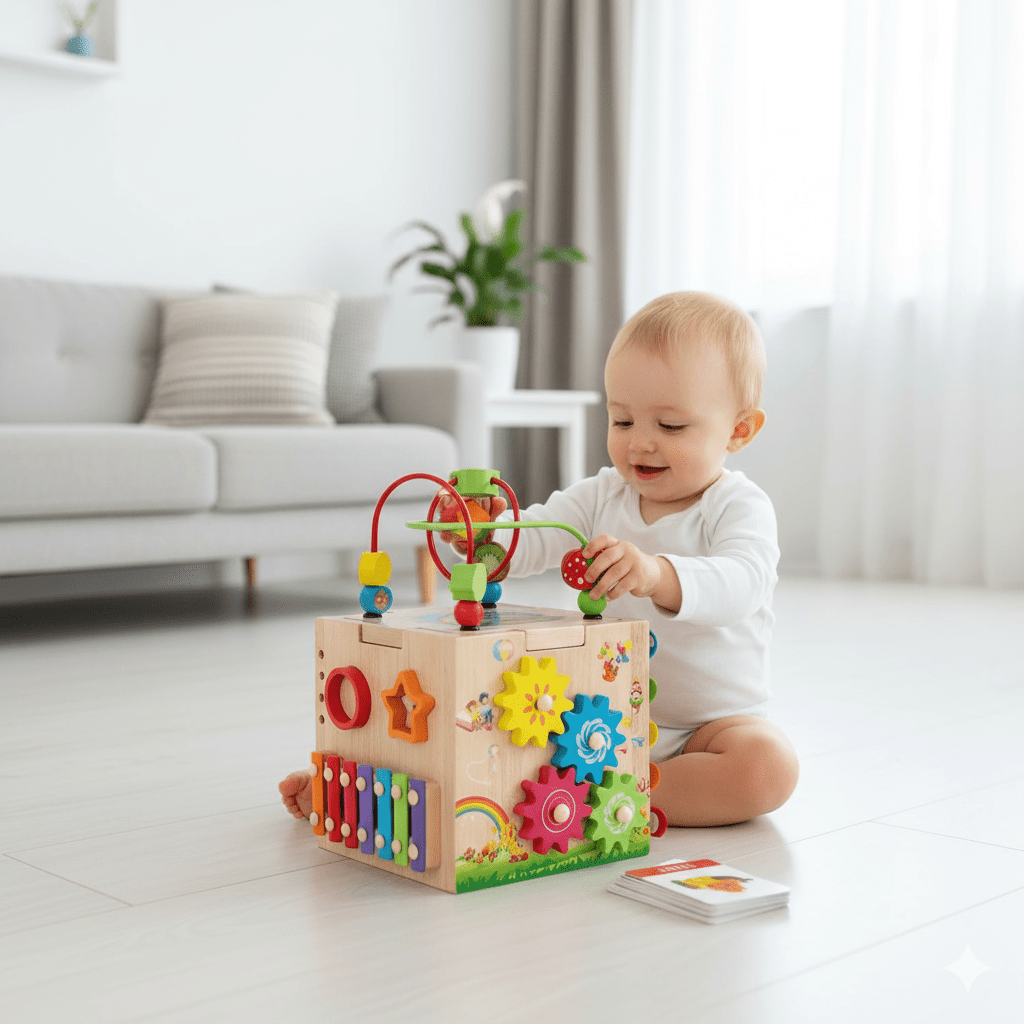 Cubo di attività in legno 8 in 1 Montessori per bambini