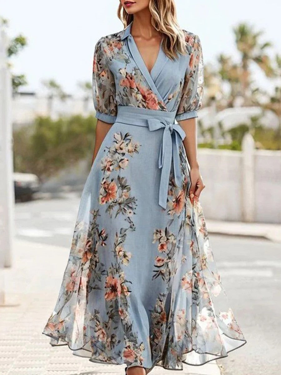 Elegante Abito Maxi A Portafoglio a Motivo Floreale