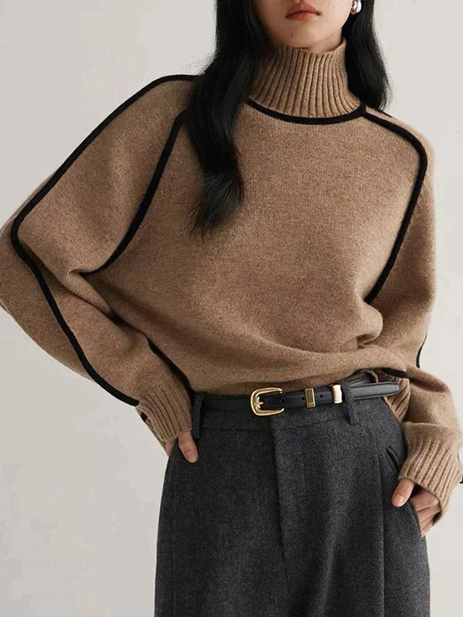 Elegante maglione a collo alto da donna in cashmere con raffinati dettagli a contrasto