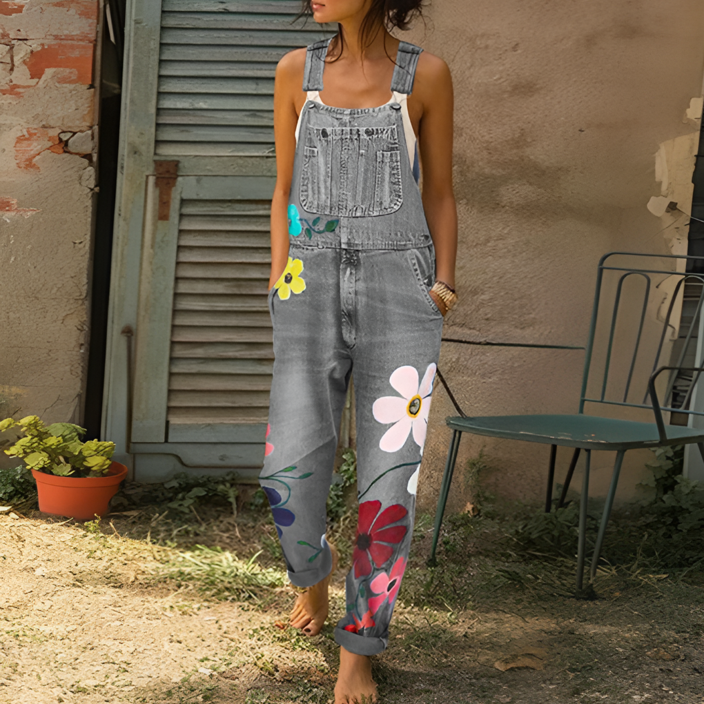 Elegante salopette in denim con motivo floreale