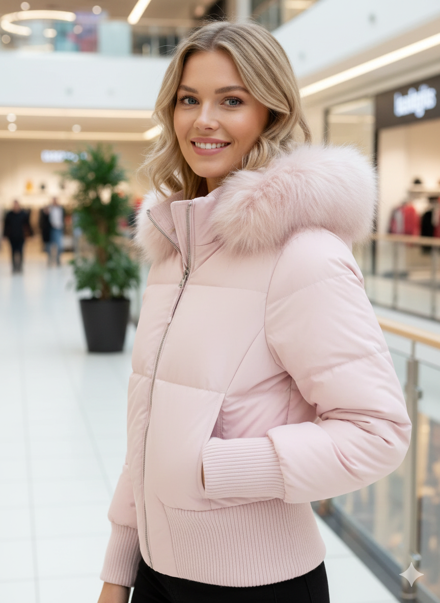Giacca Invernale da Donna Trapuntata con Cappuccio in Pelliccia Sintetica – Cappotto Corto Caldo Imbottito con Bordo a Coste e Zip Integrale