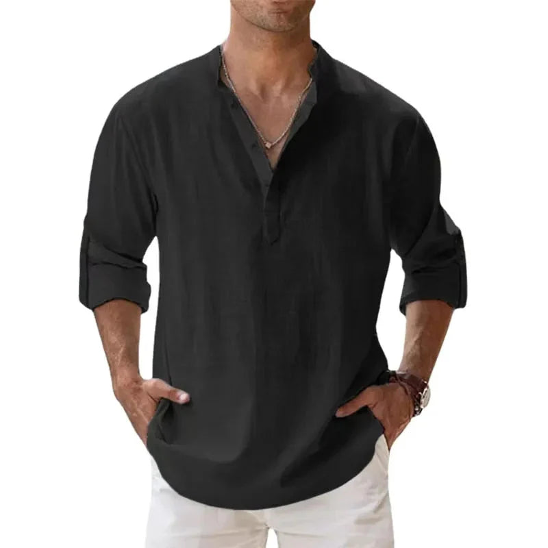 Maglia Polo da Uomo Classica a Maniche Lunghe con Colletto alla Coreana