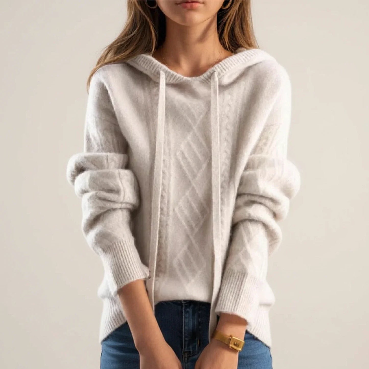 Maglione Confortevole in Maglia a Trecce con Cappuccio da Donna