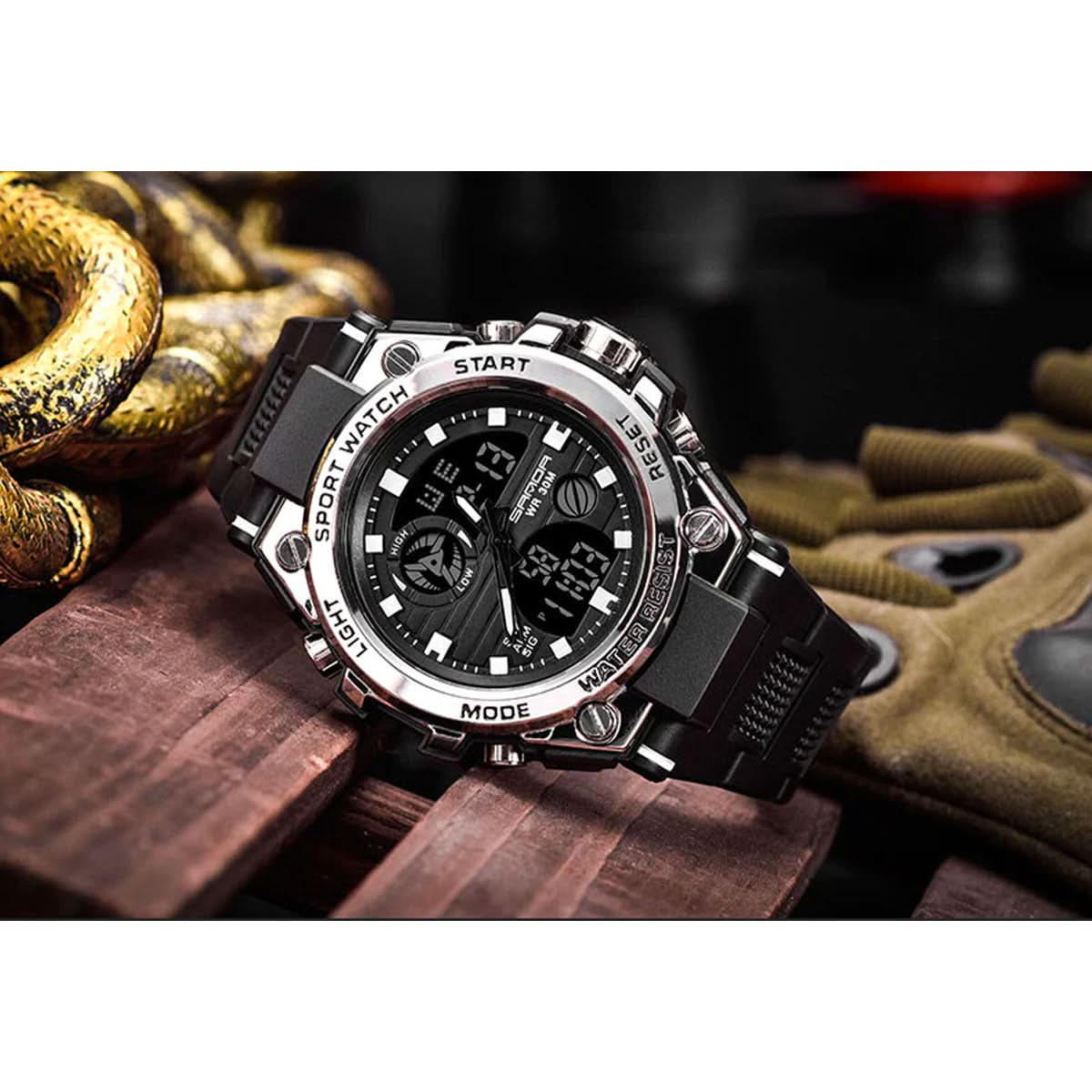 Orologio militare da uomo con display analogico-digitale e multifunzione