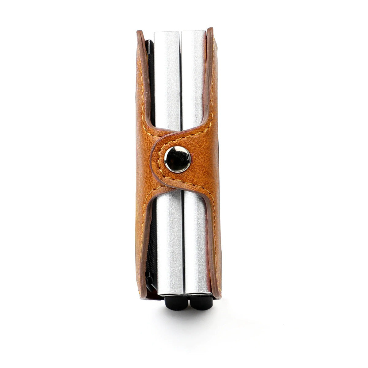 Portafoglio in pelle con protezione RFID e doppio porta carte pop-up in alluminio