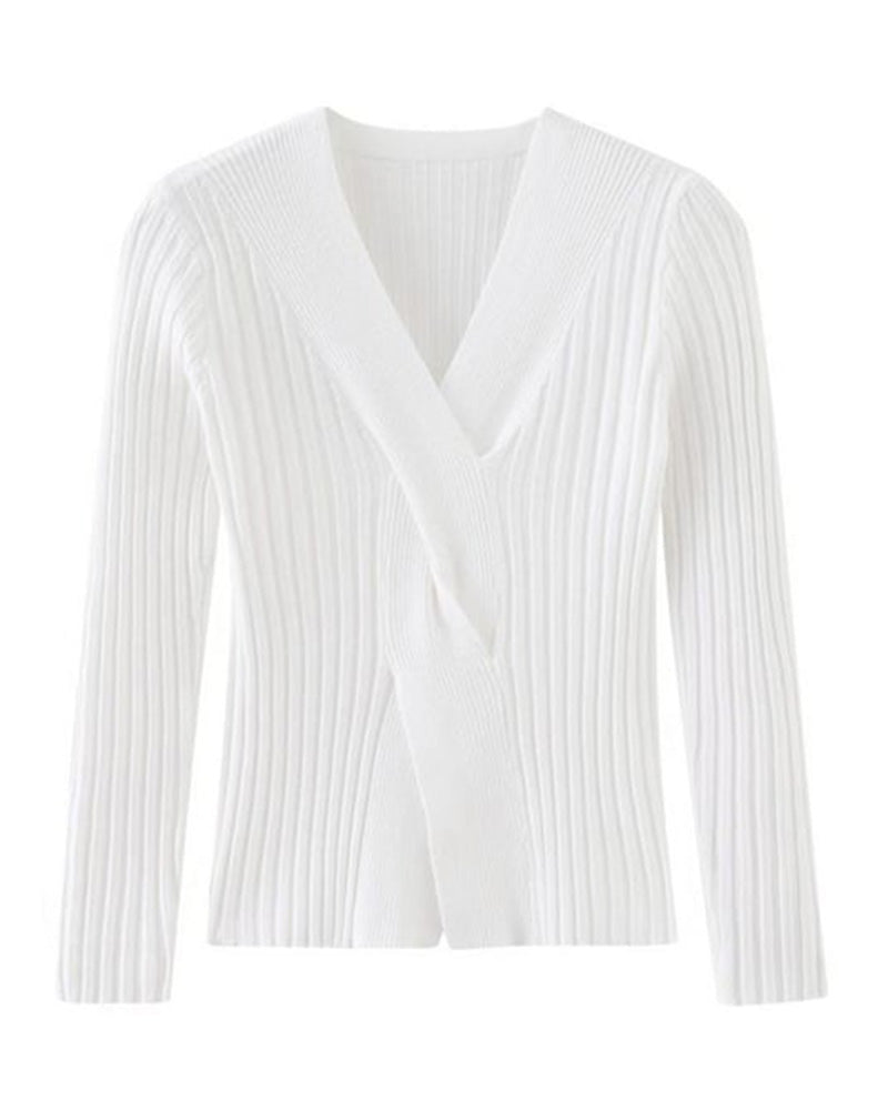 Pullover da donna in maglia a costine con scollo a V e nodo frontale