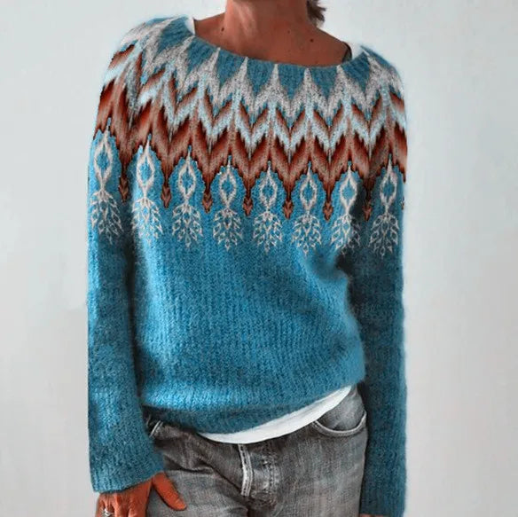 Pullover da Donna in Maglia Girocollo con Motivo Fair Isle