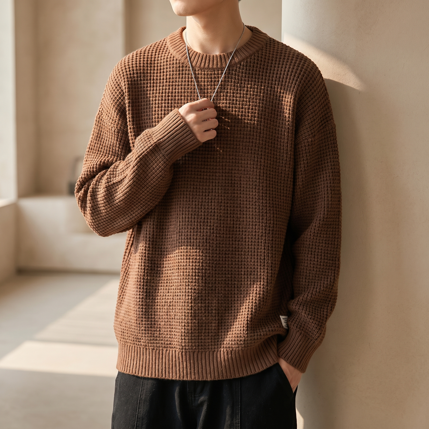 Pullover da uomo in maglia a nido d'ape girocollo in misto cotone