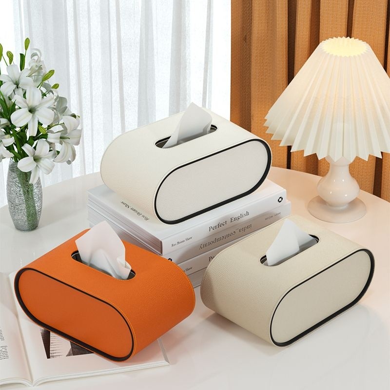 Scatola Porta Fazzoletti Ovale in Pelle Arancione, Porta Fazzoletti da Scrivania e Soggiorno, Elemento Decorativo Moderno di Lusso