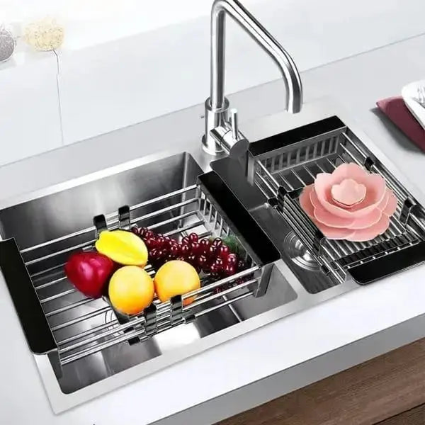 Scolapiatti telescopico da lavello in acciaio inox per stoviglie, frutta e verdura