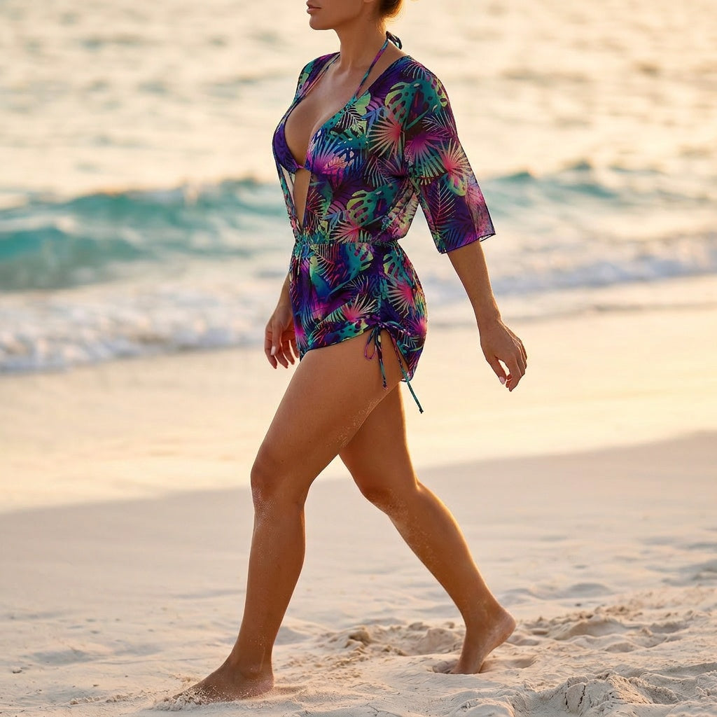 Set Costume da Bagno 3 Pezzi da Donna Tropicale con Kimono