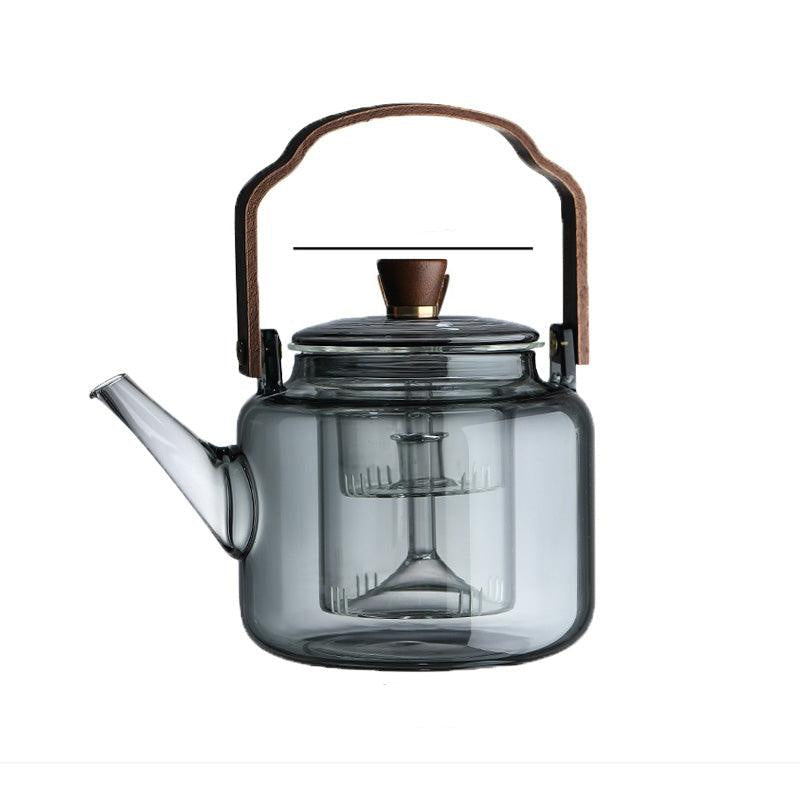 Teiera in vetro da 1,2 l con coperchio in legno e filtro – Vetro fumé e legno per un elegante servizio del tè