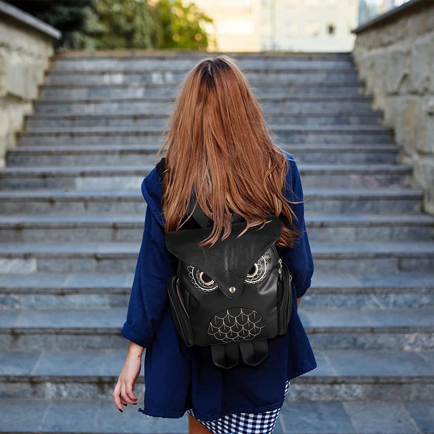 Zaino da donna in pelle PU con stampa a forma di gufo e tasche multiple
