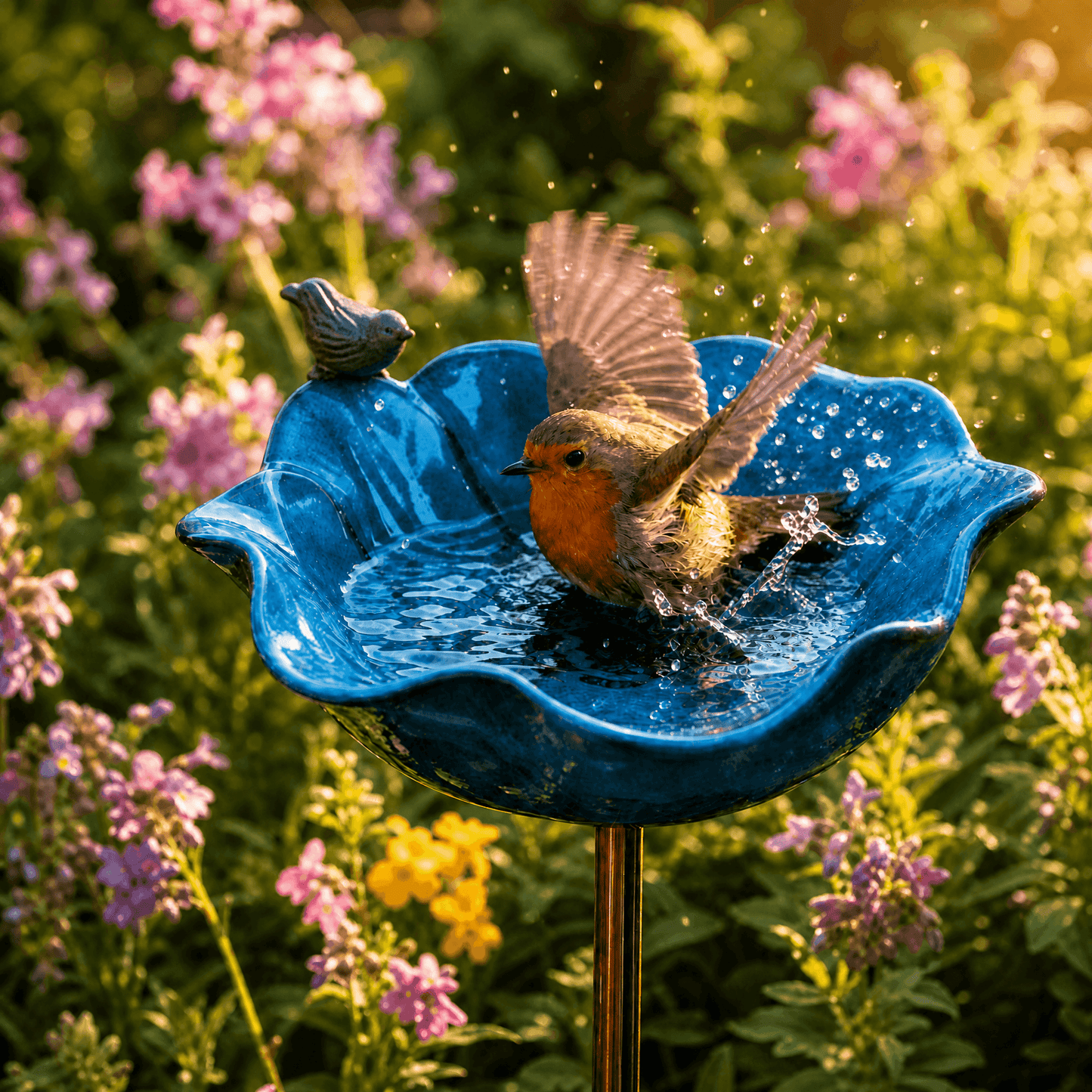 Abbeveratoio per uccelli da giardino su asta a forma di papavero modellato a mano