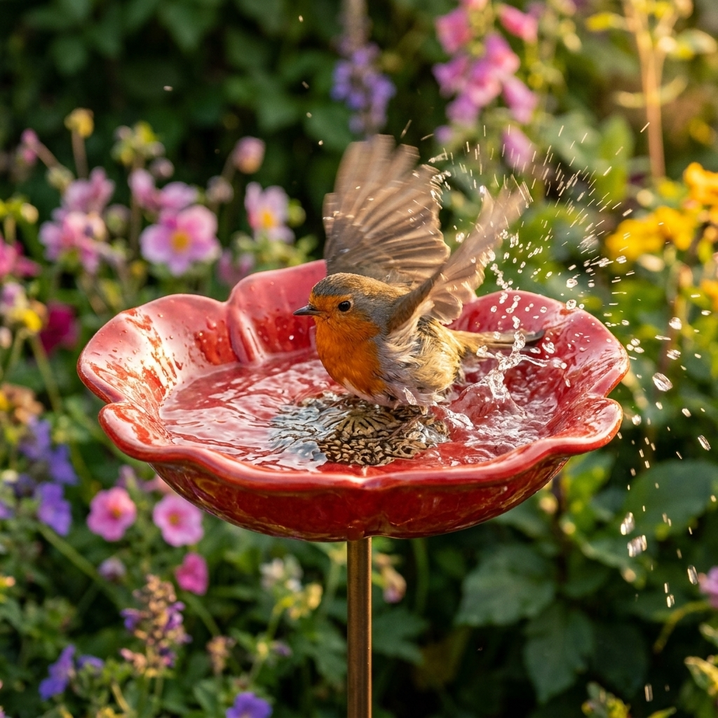 Abbeveratoio per uccelli da giardino su asta a forma di papavero modellato a mano