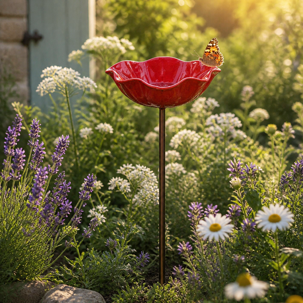 Abbeveratoio per uccelli da giardino su asta a forma di papavero modellato a mano