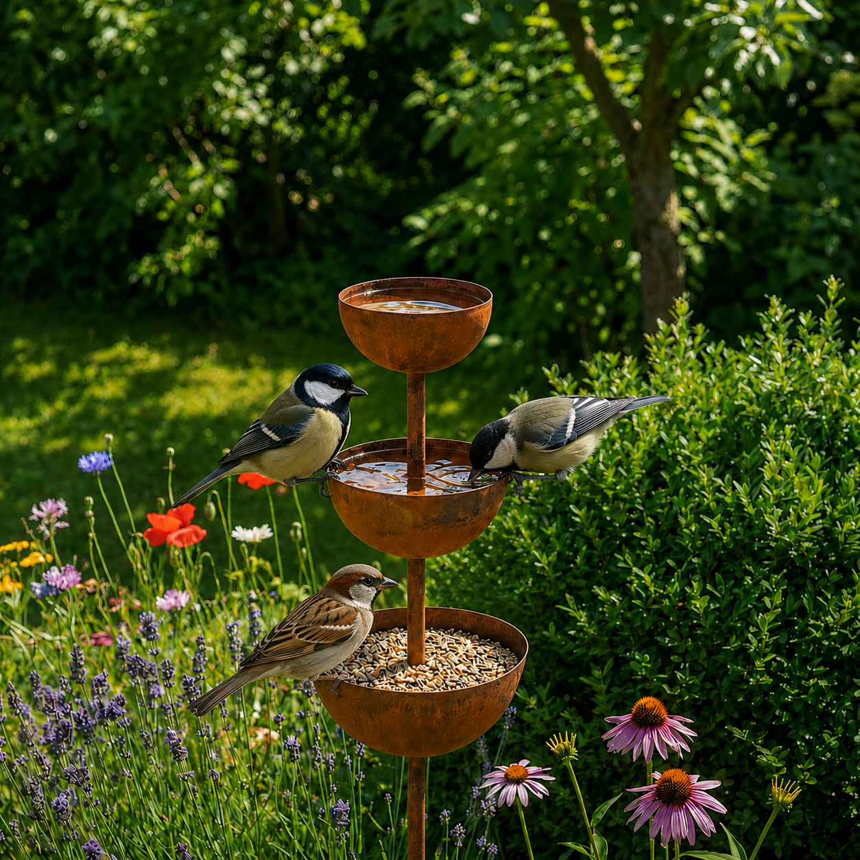 Abbeveratoio rustico per uccelli da giardino in effetto rame