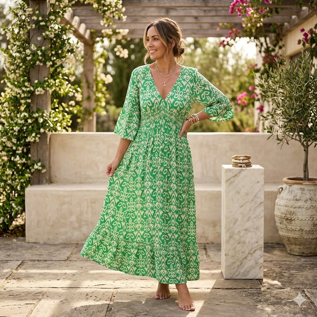 Abiti Estivi - Elegante Abito Lungo Estivo Fluido Stampato con Scollo a V