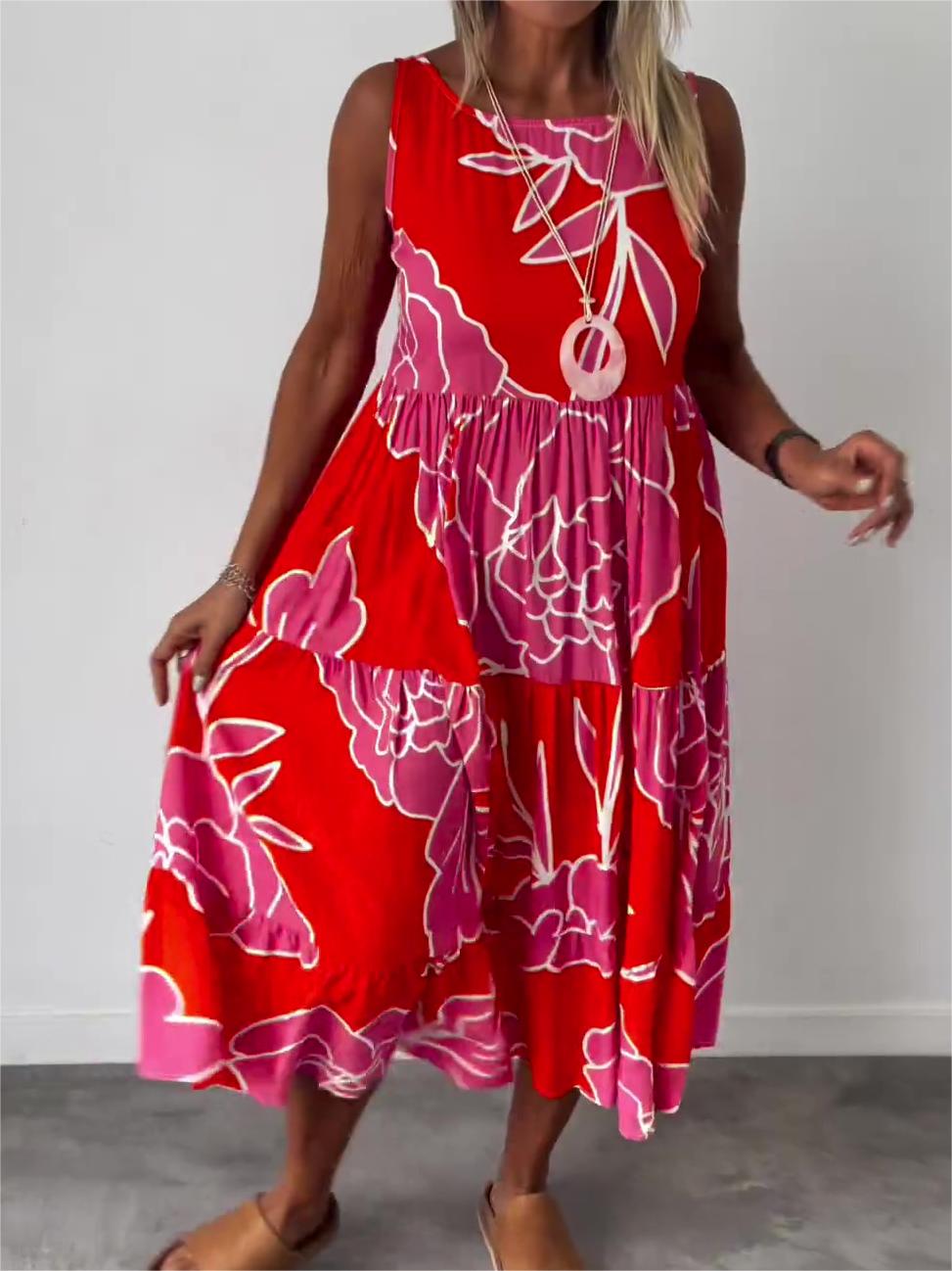 Abiti midi da donna a linea ad A senza maniche con fantasia floreale