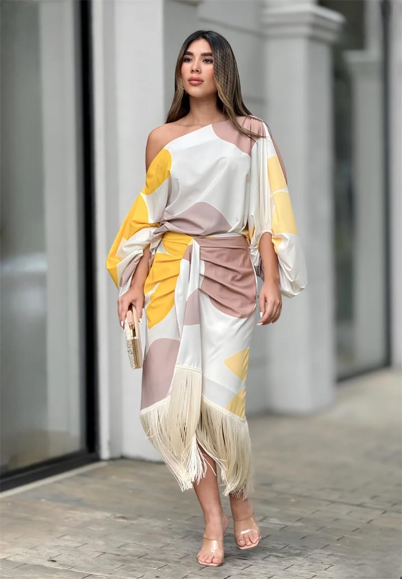 Abiti midi da donna a portafoglio monospalla con frange