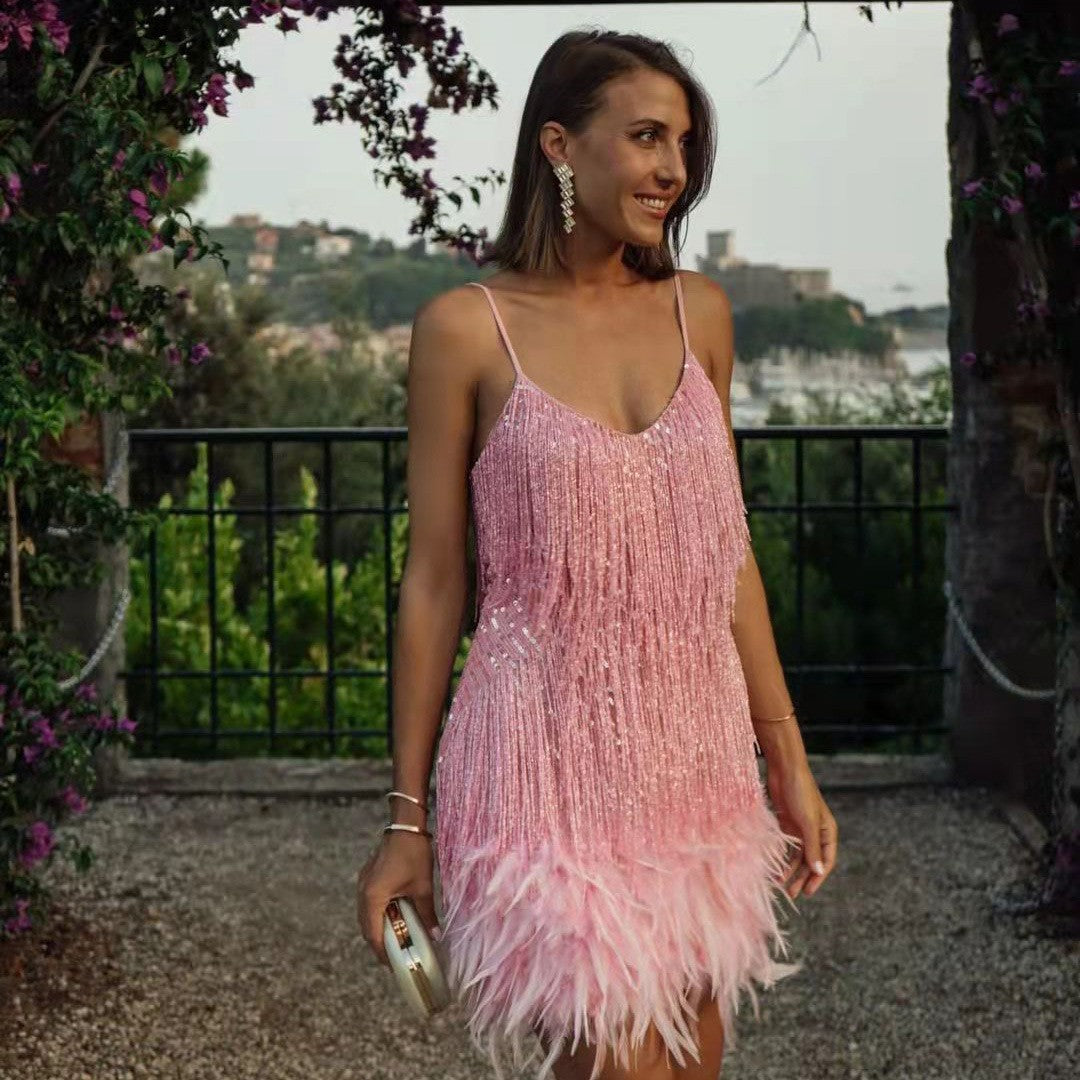 Abiti midi da donna con paillettes e piume in tessuto leggero