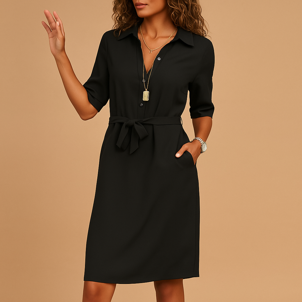 Abitino a camicia da donna con maniche a 3/4, scollo a V e cintura