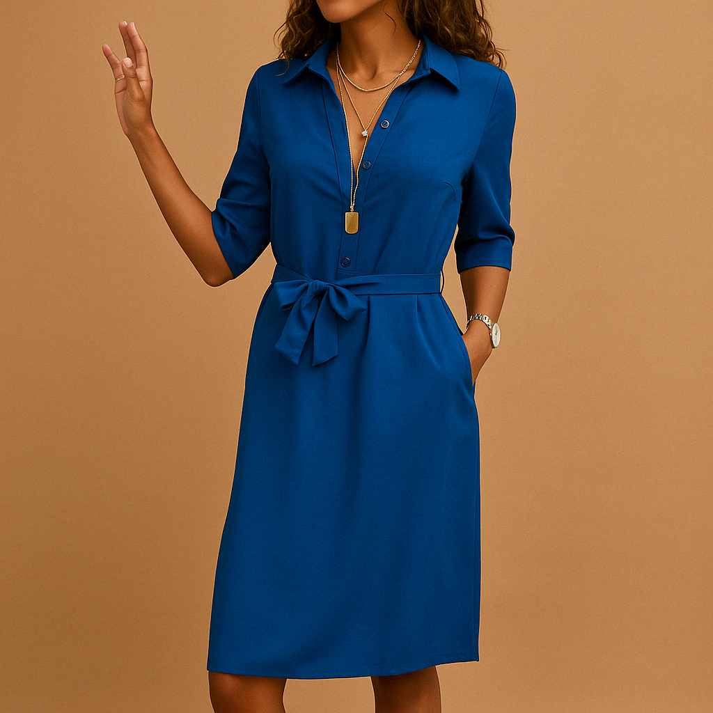 Abitino a camicia da donna con maniche a 3/4, scollo a V e cintura