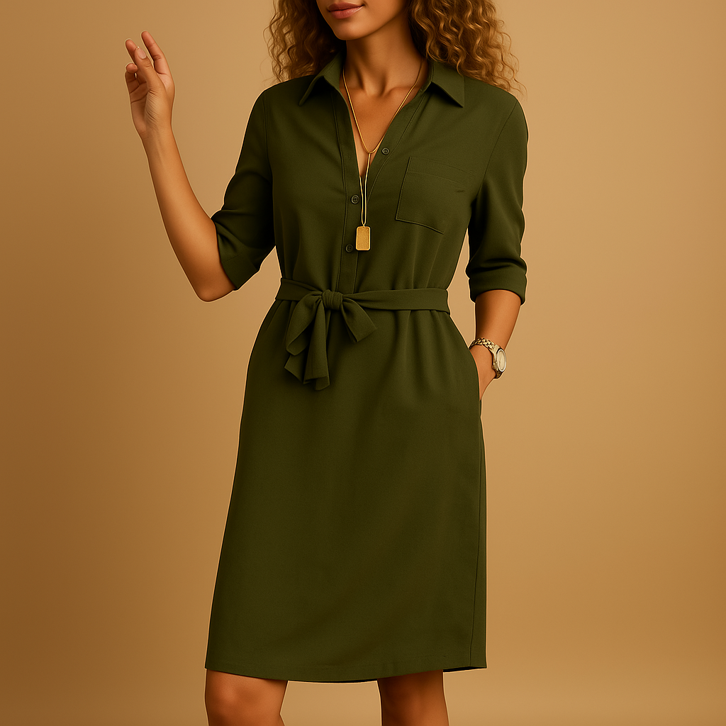 Abitino a camicia da donna con maniche a 3/4, scollo a V e cintura