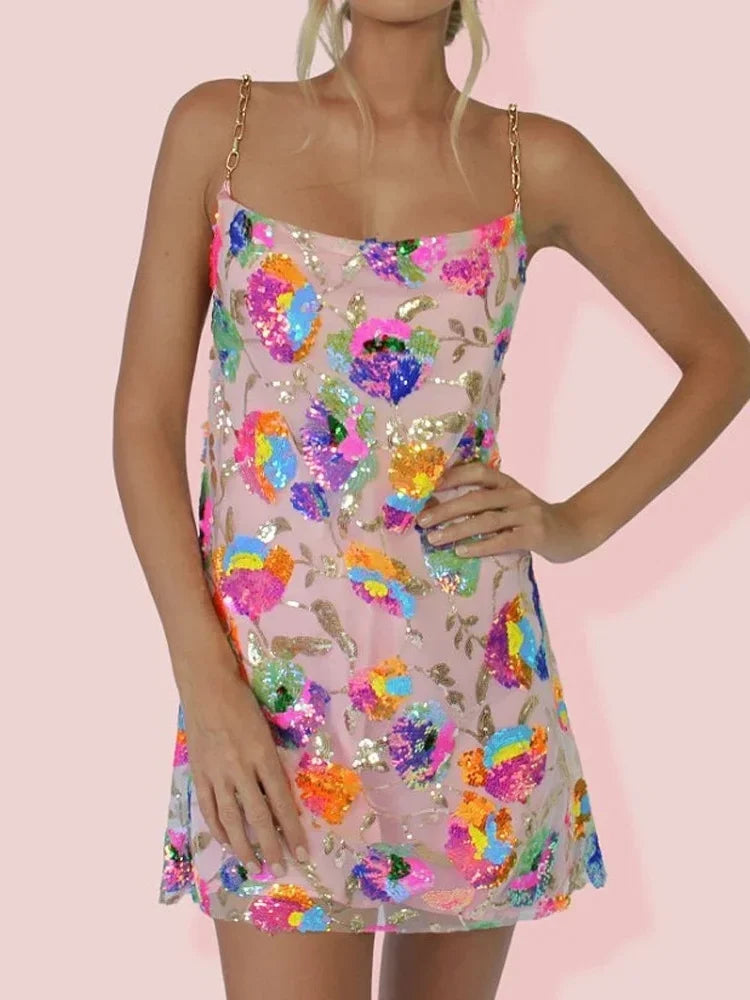 Abitino da Donna Tipo Slip Dress a Motivo Floreale con Schiena Scoperta e Spalline a Catena